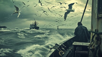 gloucester fisherman on trawler, seagulls above, lighthouse in the distance