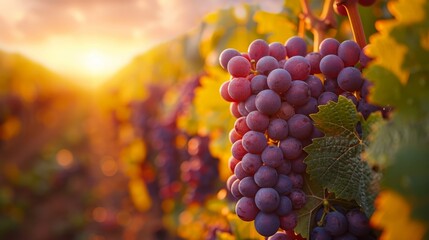 A close up of a bunch of ripe purple grapes in a vineyard at sunset. - Powered by Adobe
