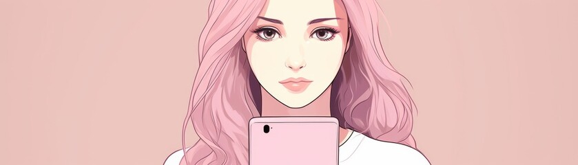 A beautiful girl with pink hair is holding a pink phone.