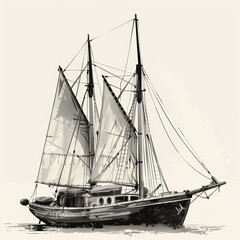 illustration loose black and white schooner fishing boat