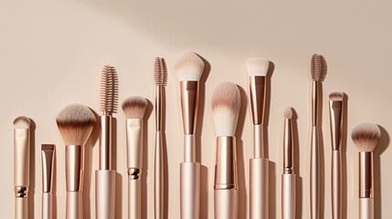 A collection of makeup brushes, perfectly aligned, with soft bristles and sleek handles 