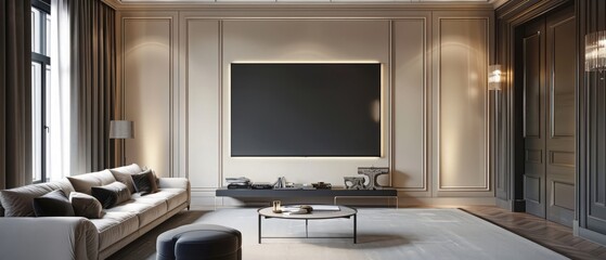 Large TV screen on the modern wall with panelling. Render