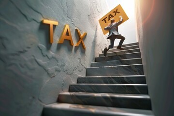 Struggling cartoon man battles inflation & taxes, climbing stairs with 'TAX' burden. Conceptual image for business, finance, economic, inflation and tax challenges.