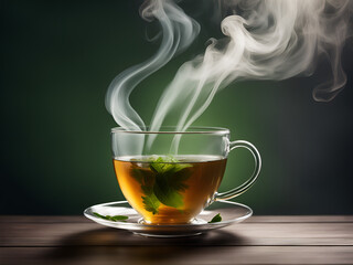 portrait of a cup of steamy tea placed on a    table, with green tea  on the table around the Transparent glass  teacup.
