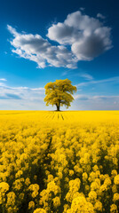 A lone tree stands in the middle of a rapeseed field