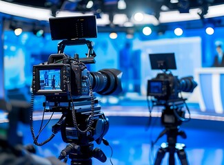 Photo of TV studio with cameras and blue background for a news show or program