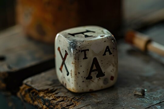 Explore the concept of inflation and tax with this striking stock photo featuring a dice showing 'T,' 'A,' and 'X' symbols. Perfect for business and finance, inflation and tax themes.