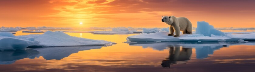 Obraz premium A polar bear standing on a melting ice floe in the Arctic Ocean. The sun is setting behind the bear, casting a warm glow over the scene.