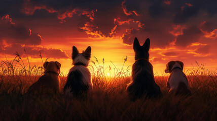 Four dogs sit in a field, silhouetted against a vibrant sunset sky.