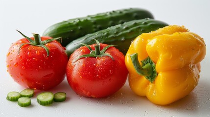 Close-up of vibrant gazpacho ingredients, fresh tomatoes, bell peppers, and cucumbers on a crisp white backdrop, studio lighting, emphasizing freshness and natural appeal