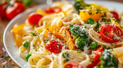 Close-up of Pasta Primavera tossed with fresh cherry tomatoes, broccoli, bell peppers, and peas, light cream sauce, isolated background, studio lighting