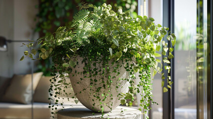 A contemporary vase filled with cascading ivy and ferns, bringing a touch of greenery to an urban apartment.