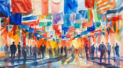 Bring to life an international conference setting with delegates from around the world engaging in discussions under a canopy of flags, symbolizing unity and collaboration, using traditional watercolo - obrazy, fototapety, plakaty