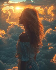 Woman gazing at a surreal cloud landscape - A mystical portrayal of a long-haired woman facing the glowing sun amid a dreamy cloudscape, conveying a sense of wonder and contemplation