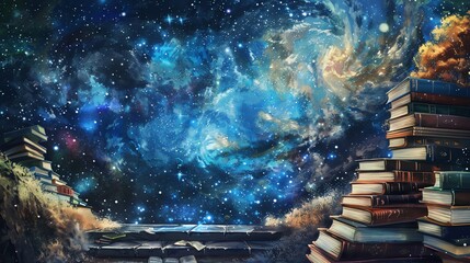 Capture the essence of Long shot Education in a realistic watercolor painting, showcasing a vast landscape of books and pens under a starry night sky