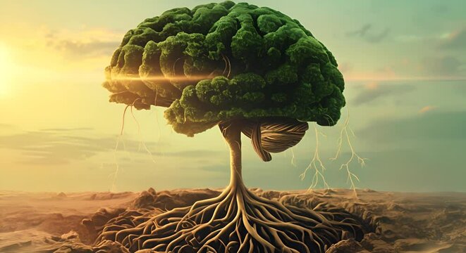 Brain with roots growing out, connecting to a network of trees, symbolizing growth and learning