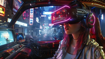 Capture the futuristic essence of immersive Virtual Reality Gaming in a photorealistic digital rendering Showcase a dynamic gaming environment with intricate details and vibrant colors, highlighting t