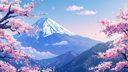 Mount Fuji with Cherry Blossoms in Bloom - A vibrant digital artwork showcasing the iconic Mount Fuji surrounded by the delicate pink cherry blossoms in full bloom