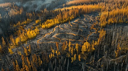 Aerial view of a burned forest during autumn - An aerial perspective captures the contrasting beauty of a fire-ravaged forest amidst the golden hues of autumn