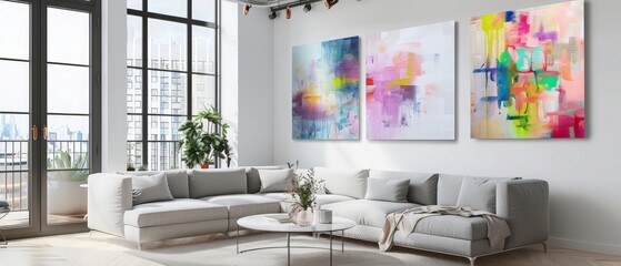 Real photo of abstract paintings hanging on white wall above a gray sofa in a living room interior with big windows