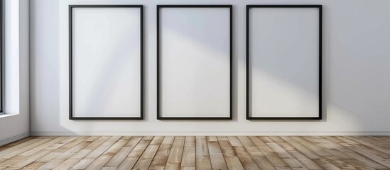 Three identical empty photo frames hang neatly on a beige wall in a cozy room with a polished wood floor