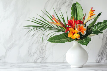 A minimalist white vase filled with exotic tropical flowers, set on a marble tabletop.