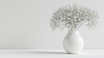 A minimalist white vase filled with delicate baby's breath, embodying simplicity and purity.