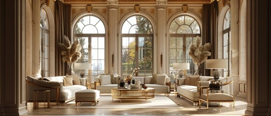 TV area with luxurious seating furniture in a classic interior with large windows and high ceilings. 3d rendering.