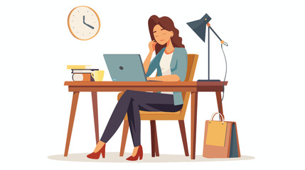 tired woman worker with laptop vector illustration. 