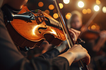 Fototapeta premium Close-up of a musician's hands expertly playing the violin during an orchestral performance. Generative AI