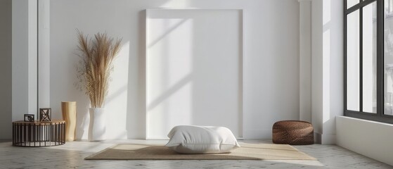 View of modern interior design. Minimalism boho style. Blank white empty frame for painting or poster.