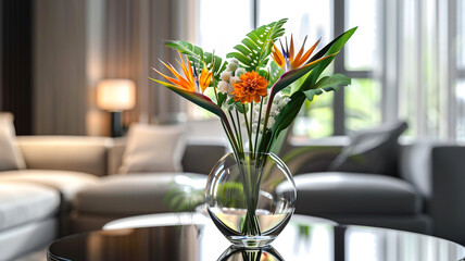 A modern glass vase filled with exotic bird of paradise flowers, adding a tropical flair to any...