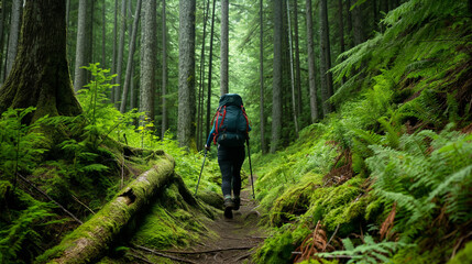 Obraz premium hiker hiking in green forest 