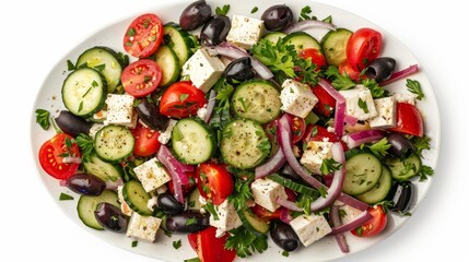 Gourmet Greek Salad in top view, highlighting fresh ingredients including tomatoes, cucumbers, peppers, onions, olives, and feta, set against a stark white backdrop with professional studio lighting
