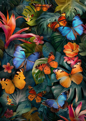 Exquisite painted butterflies in a tropical forest - Artistic depiction of beautifully painted butterflies nestled among vibrant tropical plants in lush forest scenery
