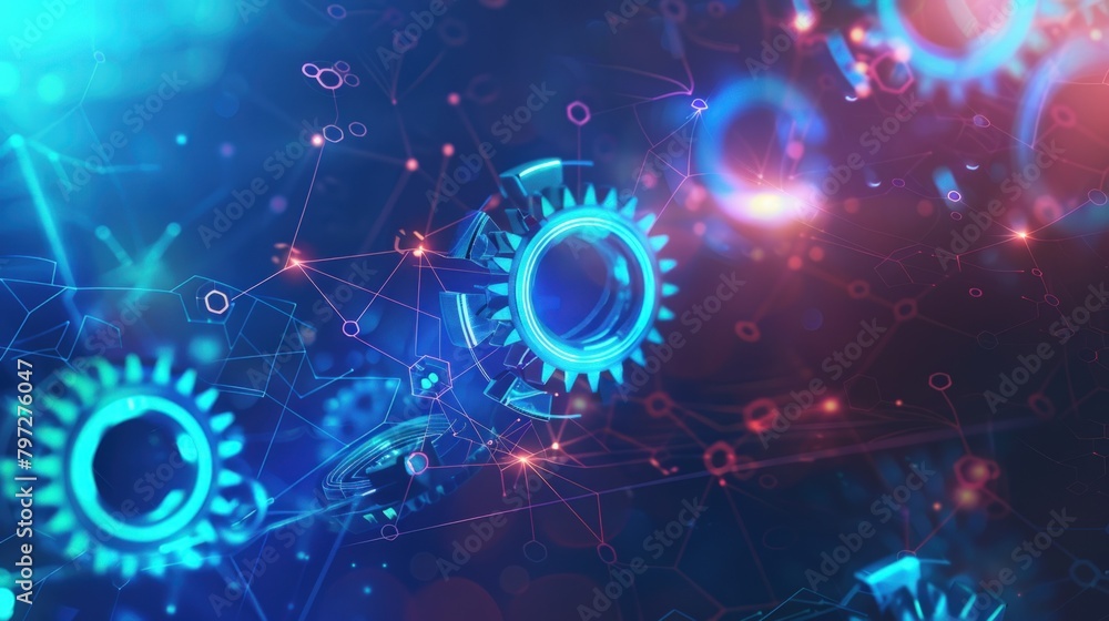 Poster abstract digital technology background with gear and neon color. generate ai image