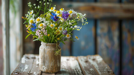 A rustic wooden vase filled with a mix of wildflowers and herbs, adding a natural touch to any space.