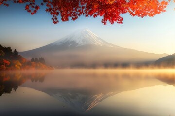 Fuji Mountain autumn reflection landscape.