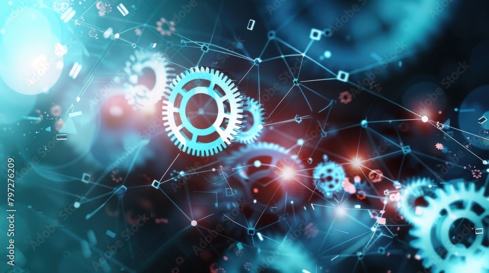 Poster Abstract digital technology background with gear and neon color. Generate AI image