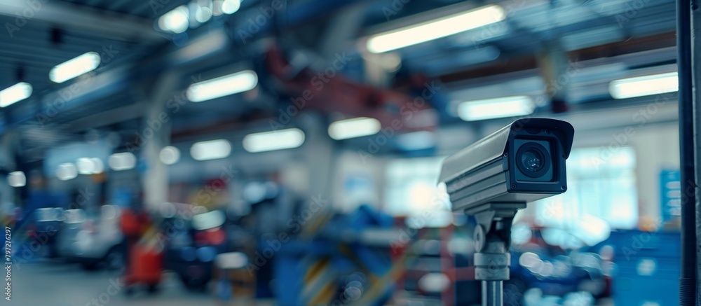 Poster a detailed view of a camera placed in a factory setting surrounded by a multitude of industrial mach