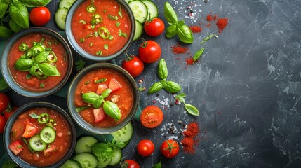 Gazpacho ingredients in a serene arrangement, emphasizing the coolness of the soup, perfect for a summer recipe book cover