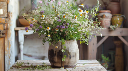A rustic wooden vase filled with a mix of wildflowers and herbs, adding a touch of natural charm to any space.
