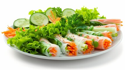 Fresh spring rolls in rice paper, packed with crisp lettuce, carrots, cucumbers, and vibrant herbs, on a clean white plate, soft studio light, isolated background