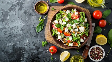 Fresh Mediterranean quinoa salad with feta cheese and lemon-herb dressing, studio lighting emphasizes the freshness, top view on a clean, isolated background