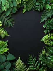 Fototapeta premium Tropical foliage framing a vacant center - Lush tropical greenery forming a border around an empty dark space, perfect for text or design