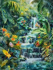 Fototapeta premium Tropical jungle scene with waterfalls - Lush green tropical jungle with vibrant flora and cascading waterfalls, invoking a sense of adventure and serenity