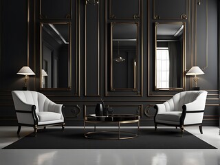  Classic black modern interior empty room with lounge armchairs, table and mirrors. 3d render illustration mock-up design. 