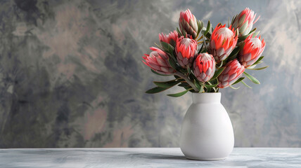 A sleek ceramic vase showcasing a cluster of exotic protea flowers, adding a modern twist to traditional blooms.