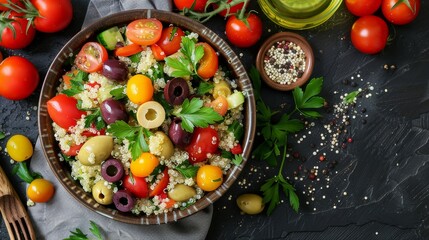 Freshly prepared top view of Mediterranean quinoa salad, highlighting colorful ingredients like olives and tomatoes, studio lighting enhances the natural appeal, isolated background