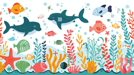 Fototapeta na wymiar Under the sea vector background with marine fish 
